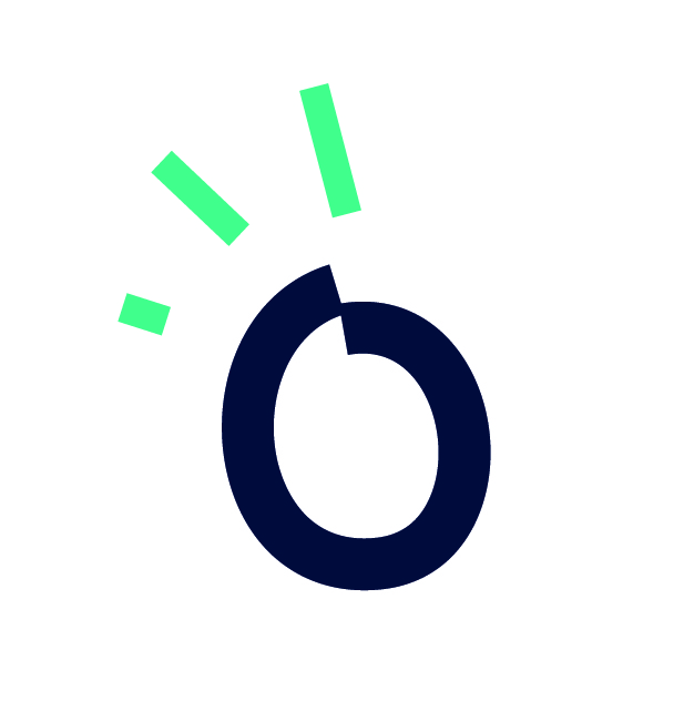 Granatowo-seledynowe logo - litera O z trzema dekoracyjnymi kreskami u góry, białe tło